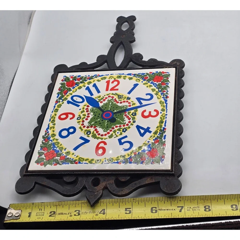 Vintage Lobeco Wall Clock Cast Iron Trivet 10.5in White Tile Retro Floral Japan